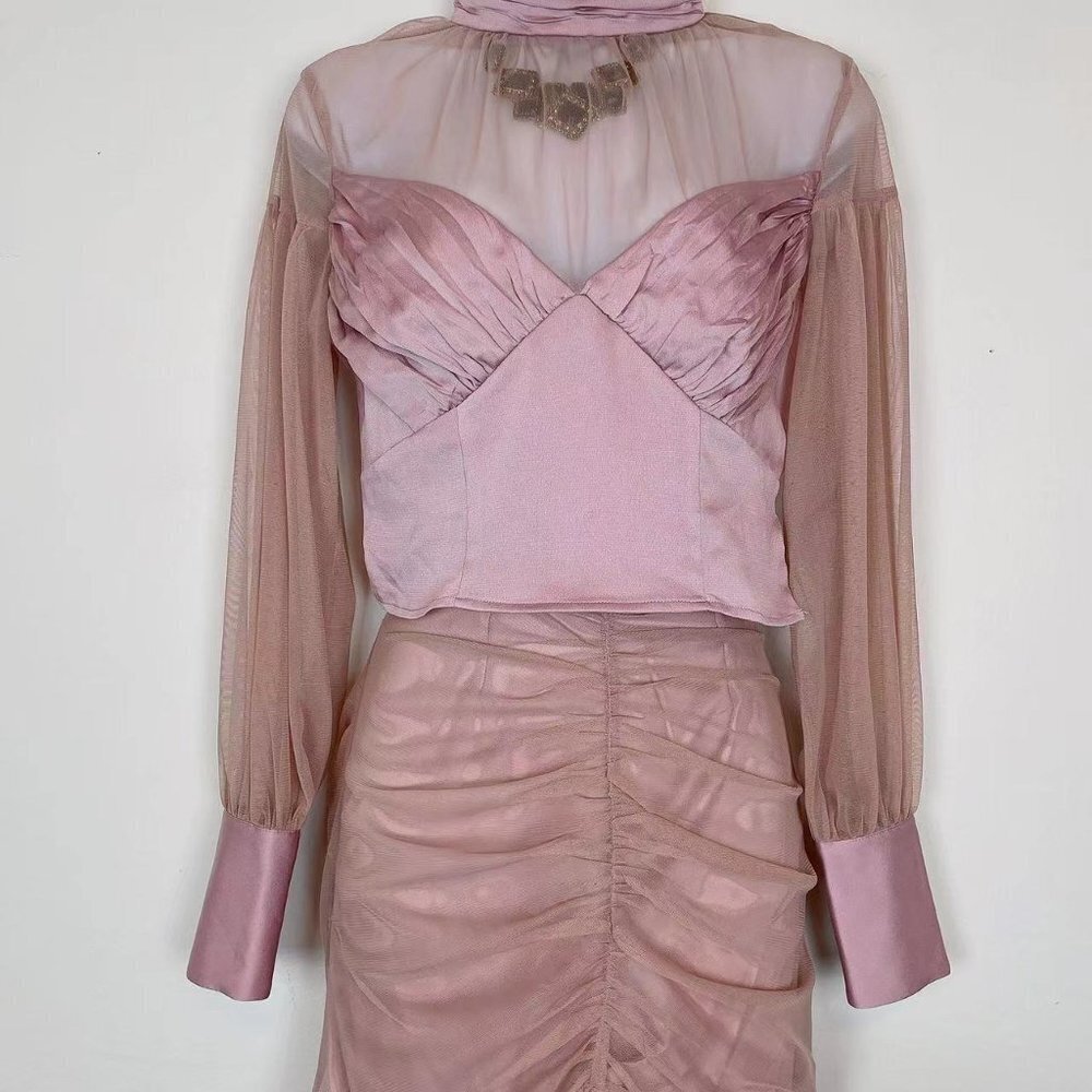 Bellevue the Label Lucie Mixed Media Long Sleeve Satin Blouse and Mesh Skirt Set - Picture 4 of 6